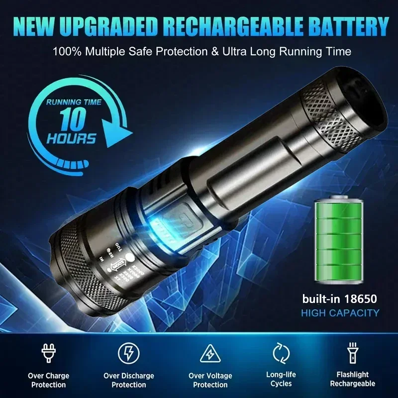 슈퍼 밝은 LED 손전등 USB 충전식 토치 텔레스코픽 - Outdoor Lighting Black 리뷰 및 가격